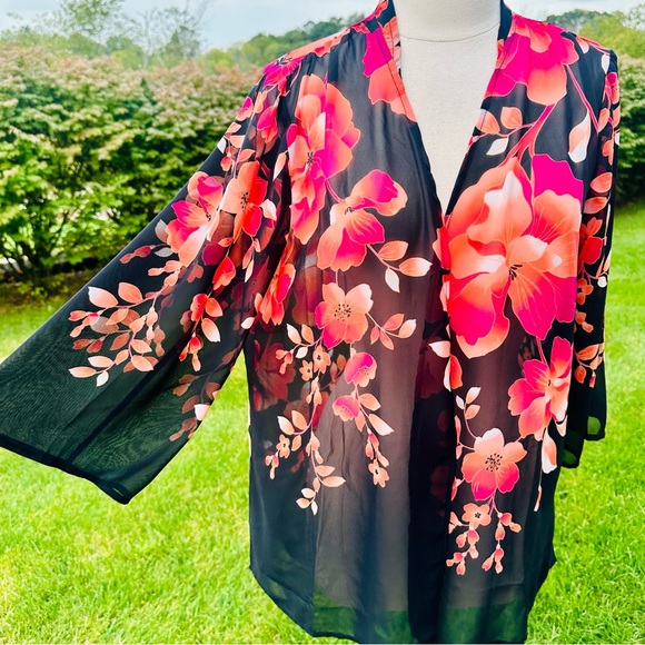 Susan Graver Kimono Black Chiffon Open Front Floral Print - Picture 5 of 16